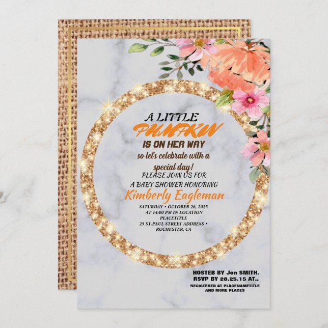 Girl Baby Shower Fall Pumpkin Rustic Burlap Wood Einladung (Vorne/Hinten)