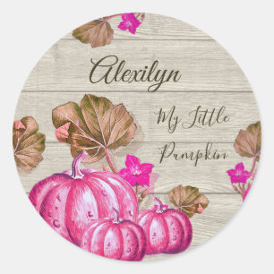 Girl Baby Shower Grau Wood Autumn Pink Pumpkin Cla Runder Aufkleber