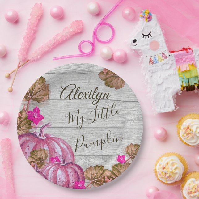 Girl Baby Shower Grau Wood Autumn Pink Pumpkin Pappteller (Party)