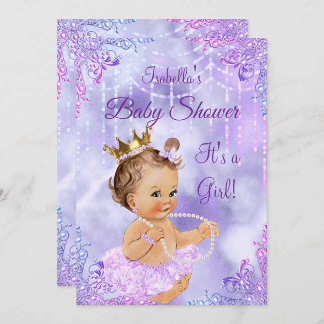 Girl Baby Shower Lila Lilac Pearl Brünett Einladung (Vorne/Hinten)