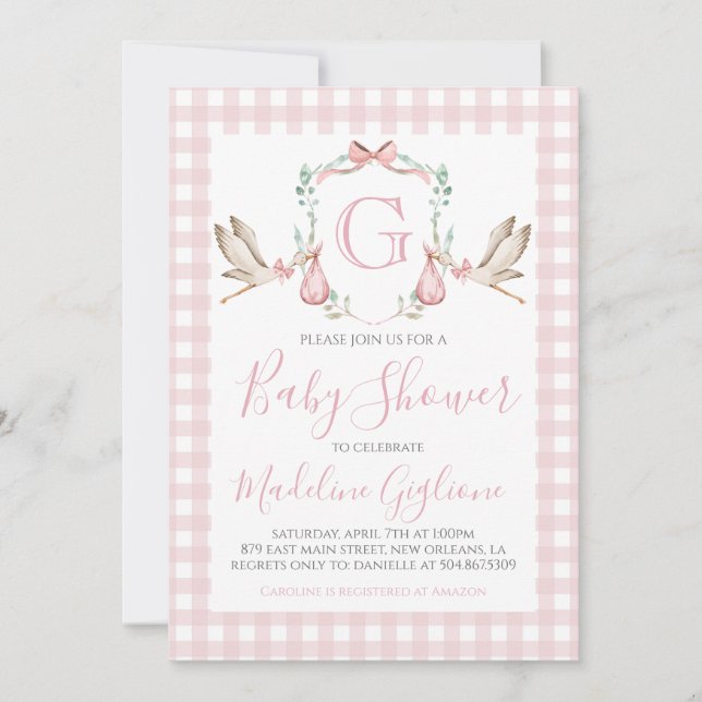 Girl Baby Shower Pink Gingham Stork Monogram Einladung (Vorderseite)