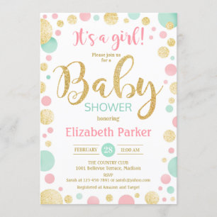 Girl Baby Shower - Pink Gold Mint Green Dots Einladung