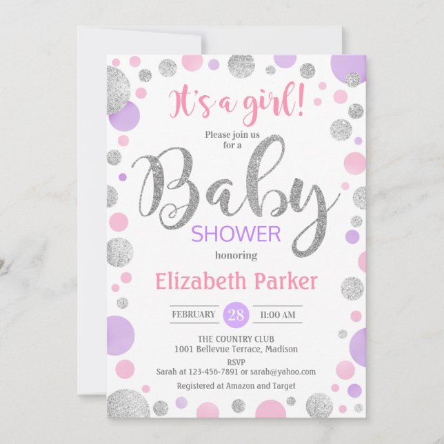 Girl Baby Shower - Pink Lila Silberpunkte Einladung (Vorderseite)