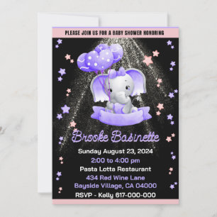 Girl Baby Shower Pink Lila Silver Baby Elephant Einladung