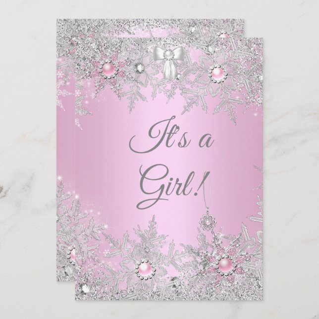 Girl Baby Shower Pink Winter WonderLand Einladung (Vorne/Hinten)