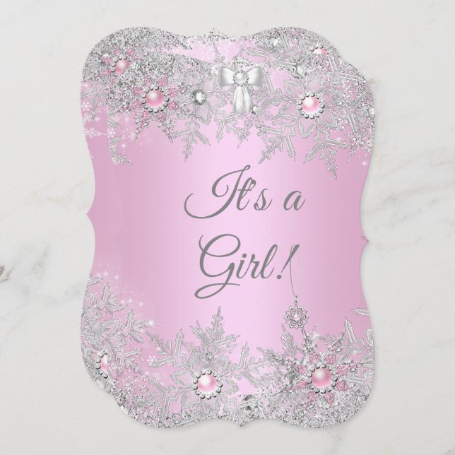 Girl Baby Shower Pink Winter WonderLand Einladung (Vorne/Hinten)