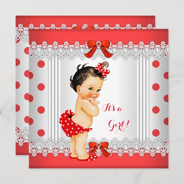 Girl Baby Shower Red White Polka Dots Brünett Einladung (Vorne/Hinten)