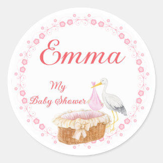 Girl Baby Shower Stickers: Charming Floral Border Runder Aufkleber