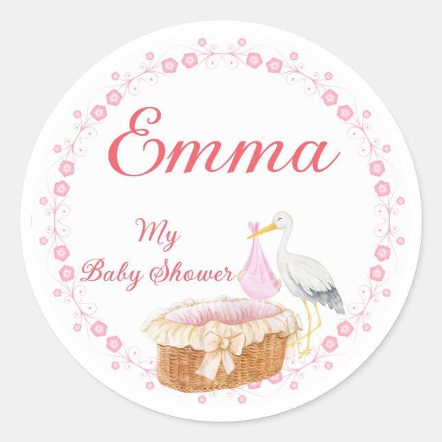Girl Baby Shower Stickers: Charming Floral Border  Runder Aufkleber (Vorderseite)