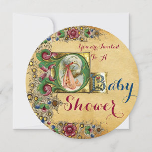 GIRL BABY SHOWER STORK FLORAL PARCHOGRAM EINLADUNG