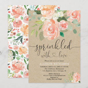 Girl baby sprinkle peach floral rustic einladung