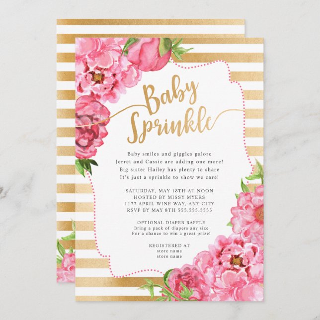Girl Baby Sprinkle | Rosa Goldpeonie Einladung (Vorne/Hinten)
