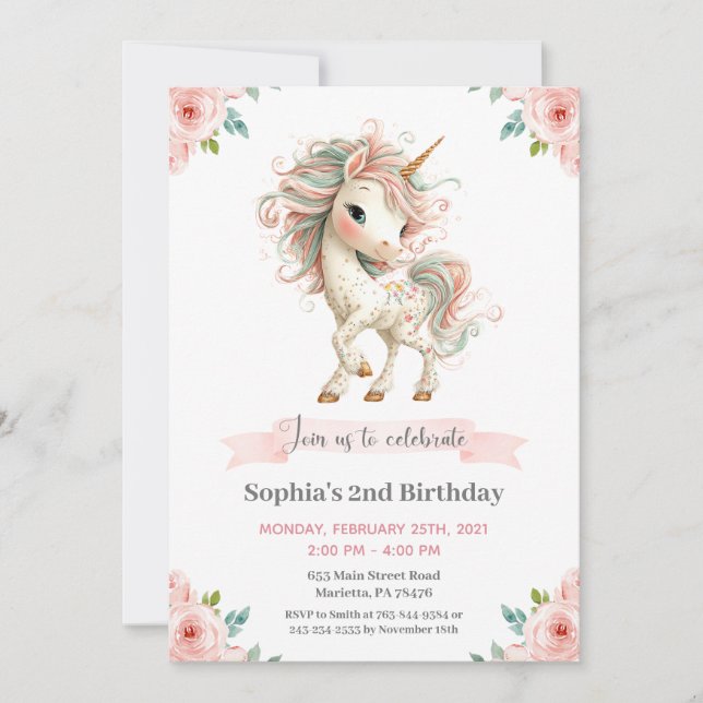 Girl Baby Unicorn Birthday Party Invitation Einladung (Vorderseite)