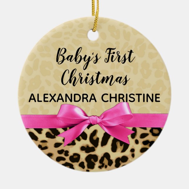Girl Babys Erster Weihnachtsleopard Print Pink Bow Keramik Ornament (Vorne)