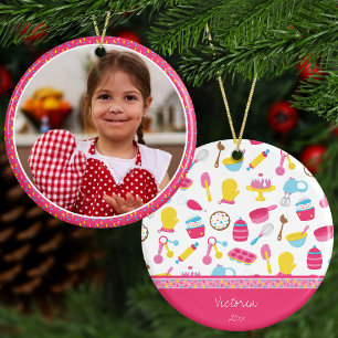 Girl Baker Pink Cooking Kid Koch Foto Weihnachten Keramik Ornament