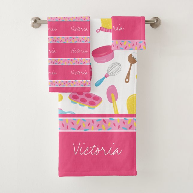 Girl Baker Pink Kochmuster Koch Kinderbecken Badhandtuch Set (Insitu)