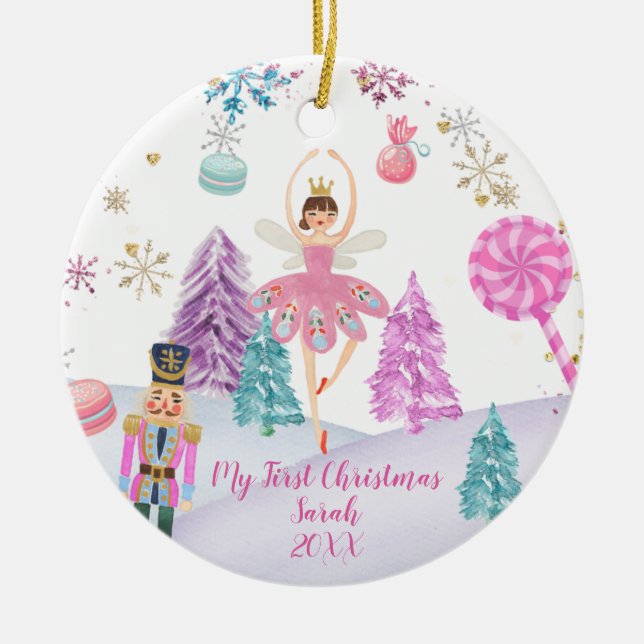 Girl Ballerina Nutcracker 1. Weihnachten Keramik Ornament (Vorne)