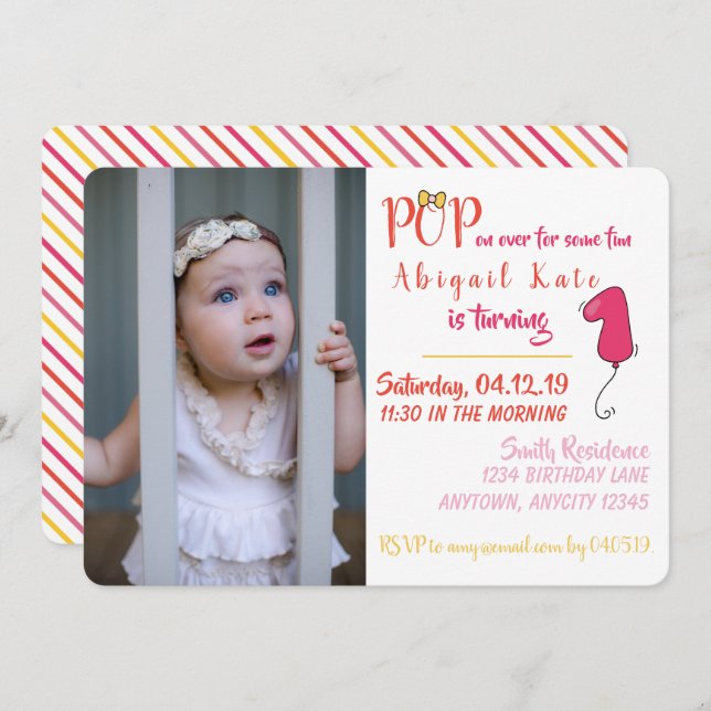Girl Balloon-Themed First Birthday Foto Einladung (Vorne/Hinten)