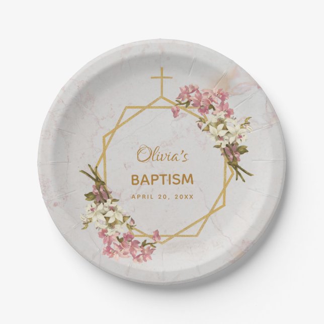 Girl Baptisc floral Orchids Gold Marmor Geometric Pappteller (Vorderseite)