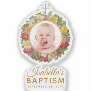 Girl Baptism Baby Foto Rose Wreath Cross Script Aufkleber