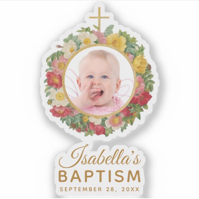 Girl Baptism Baby Foto Rose Wreath Cross Script Aufkleber (Vorderseite)