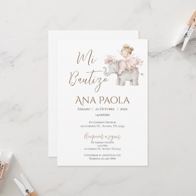 Girl Baptism Einladung in Spanisch Boho (Vorderseite/Rückseite Beispiel)