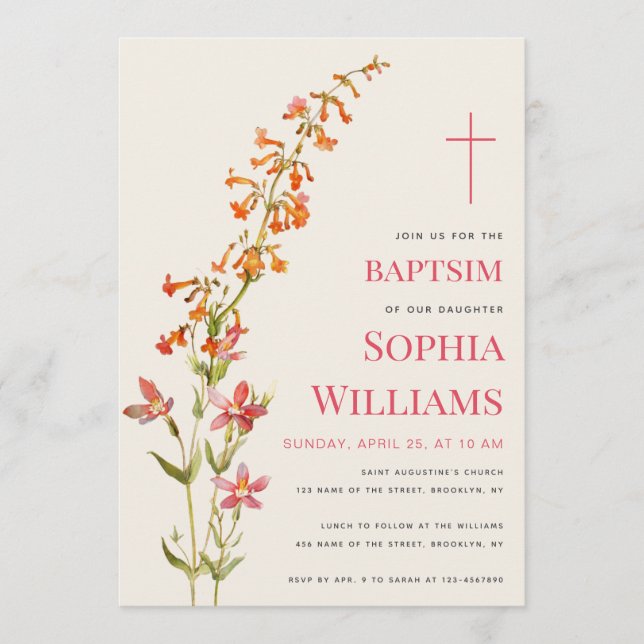  Girl Baptism Floral Watercolor Wildflowers Einladung (Vorderseite)