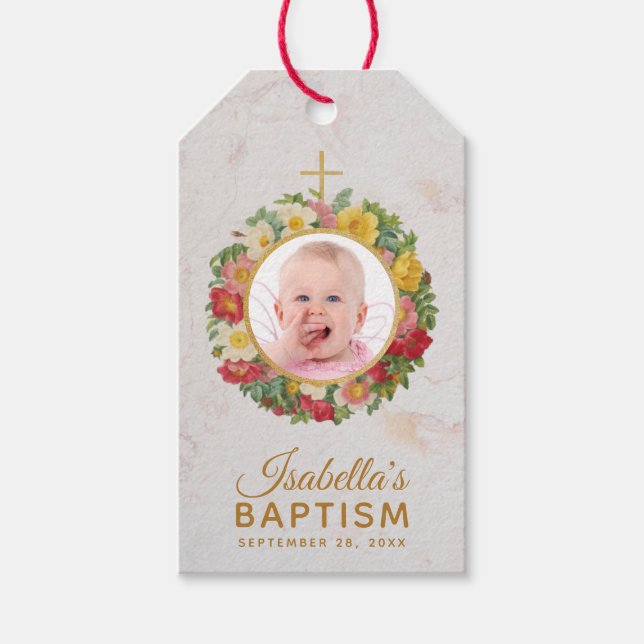 Girl Baptism Foto in Rose Kranz Blumenmarmor Geschenkanhänger (Vorderseite)