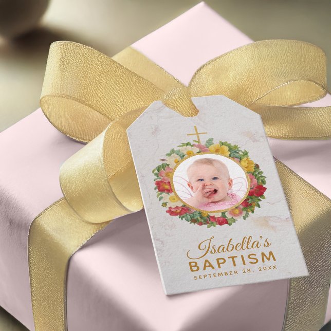 Girl Baptism Foto in Rose Kranz Blumenmarmor Geschenkanhänger (Von Creator hochgeladen)