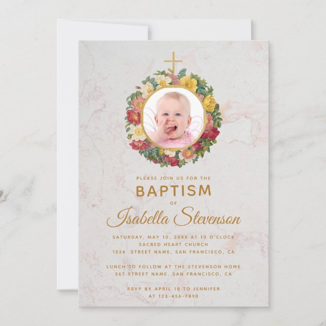 Girl Baptism Foto Rose Wreath Cross Marmorfloral Einladung (Vorderseite)