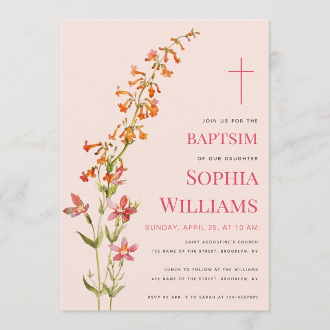  Girl Baptism Pink Floral Watercolor Wildflowers Einladung (Vorderseite)