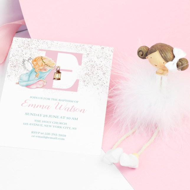 Girl Baptism Rose Gold Engel Einladung (Girl Baptism Rose Gold Angel Initial Invitation)