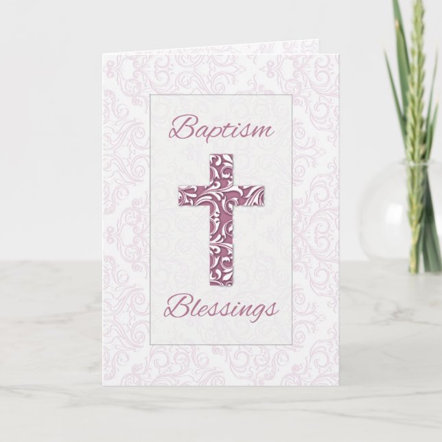 Girl Baptisse Blessings Blue Cross Damask Wirbel Karte (Vorderseite)