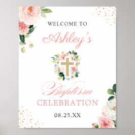Girl Baptisse Blush Pink Floral Gold Cross Sign Poster