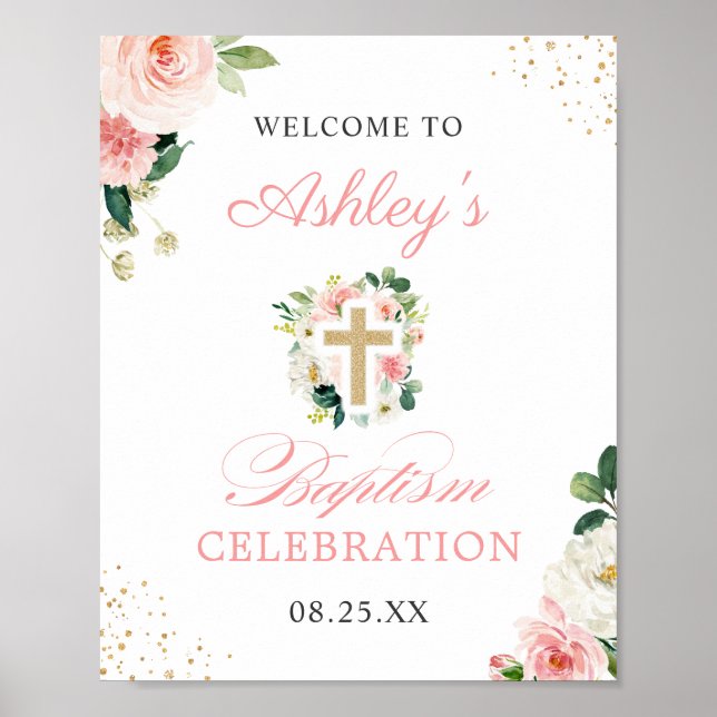 Girl Baptisse Blush Pink Floral Gold Cross Sign Poster (Vorne)