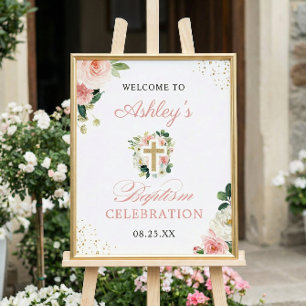 Girl Baptisse Blush Pink Floral Gold Cross Sign Poster