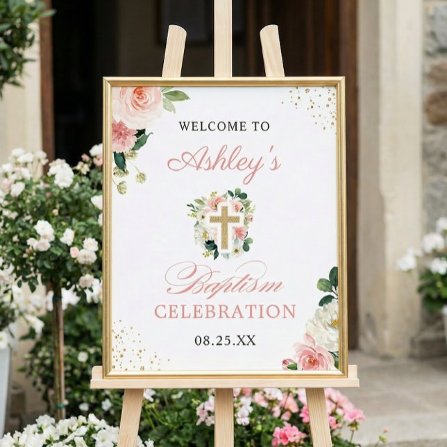 Girl Baptisse Blush Pink Floral Gold Cross Sign Poster (Von Creator hochgeladen)