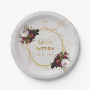 Girl Baptisse Burgundy Peonies Marble Gold Floral Pappteller