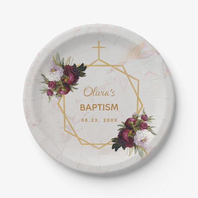 Girl Baptisse Burgundy Peonies Marble Gold Floral Pappteller (Vorderseite)