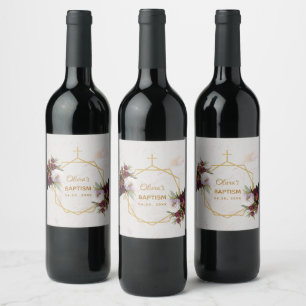 Girl Baptisse Burgundy Peonies Marble Gold Floral Weinetikett