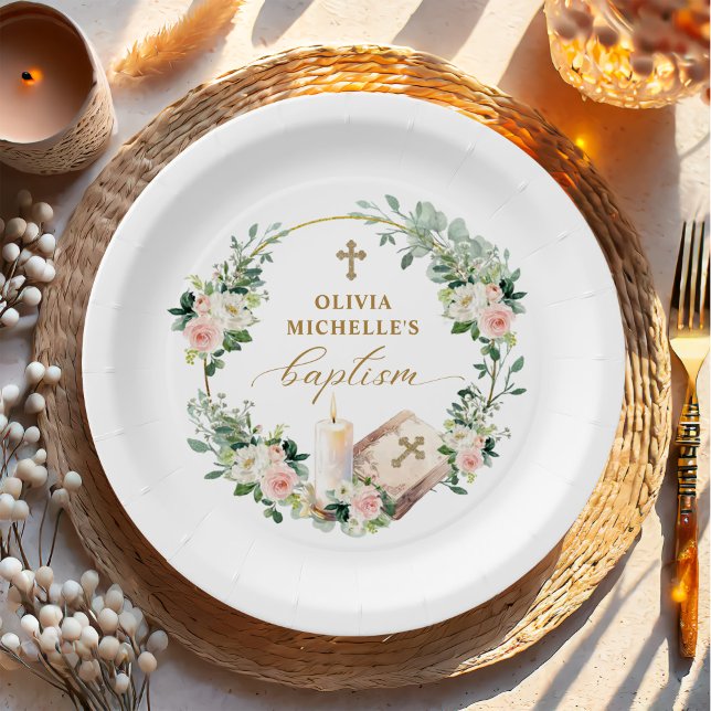 Girl Baptisse Christening Floral Cross Pappteller (Von Creator hochgeladen)