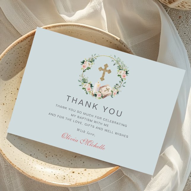 Girl Baptisse Christening Floral Foto Dankeskarte (Von Creator hochgeladen)
