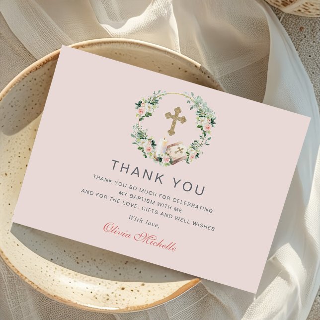 Girl Baptisse Christening Floral Foto Dankeskarte (Von Creator hochgeladen)