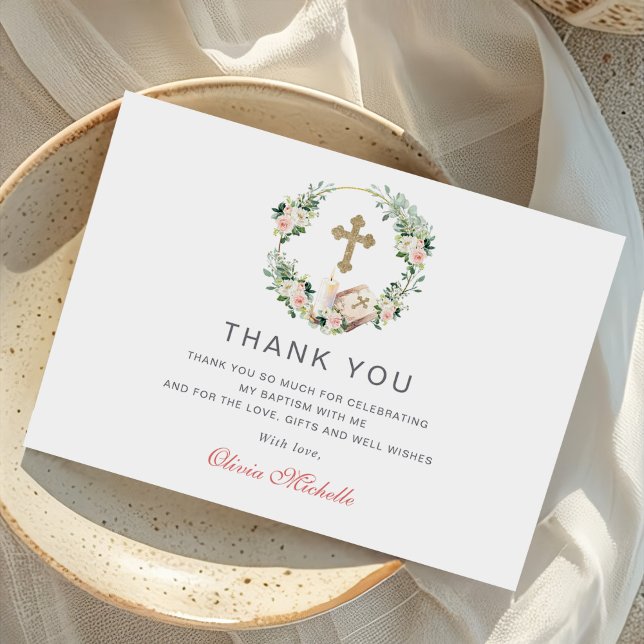 Girl Baptisse Christening Floral Foto Dankeskarte (Von Creator hochgeladen)