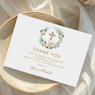 Girl Baptisse Christening Floral Foto Dankeskarte