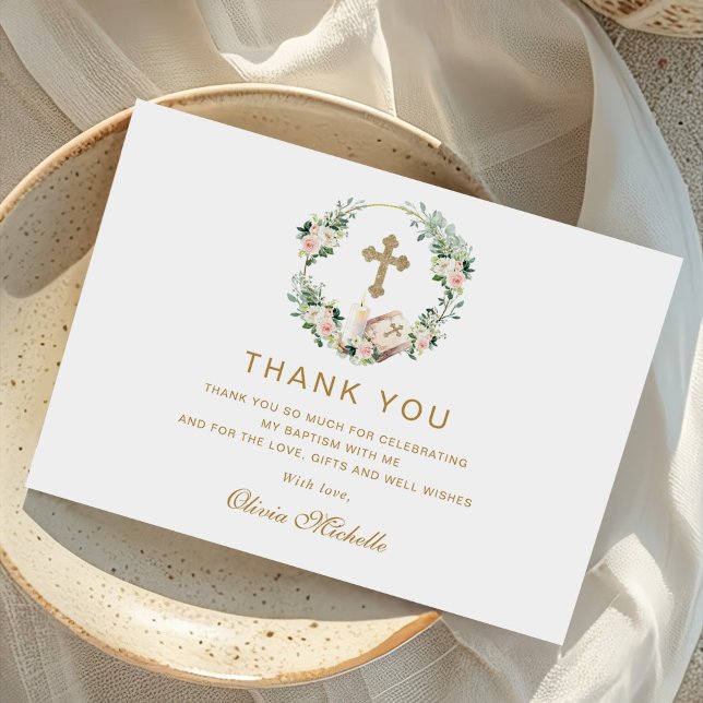 Girl Baptisse Christening Floral Foto Dankeskarte (Von Creator hochgeladen)