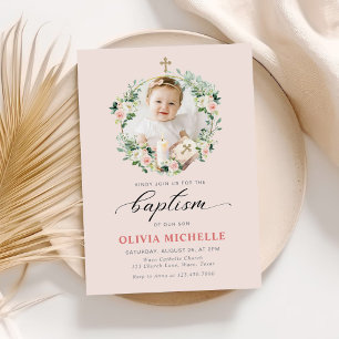 Girl Baptisse Christening Floral Foto Einladung