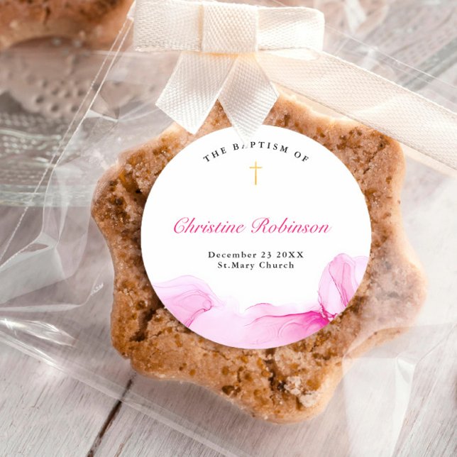 Girl Baptisse Christening Pink Ink Runder Aufkleber (Von Creator hochgeladen)