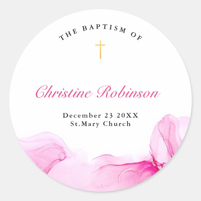 Girl Baptisse Christening Pink Ink Runder Aufkleber (Vorderseite)