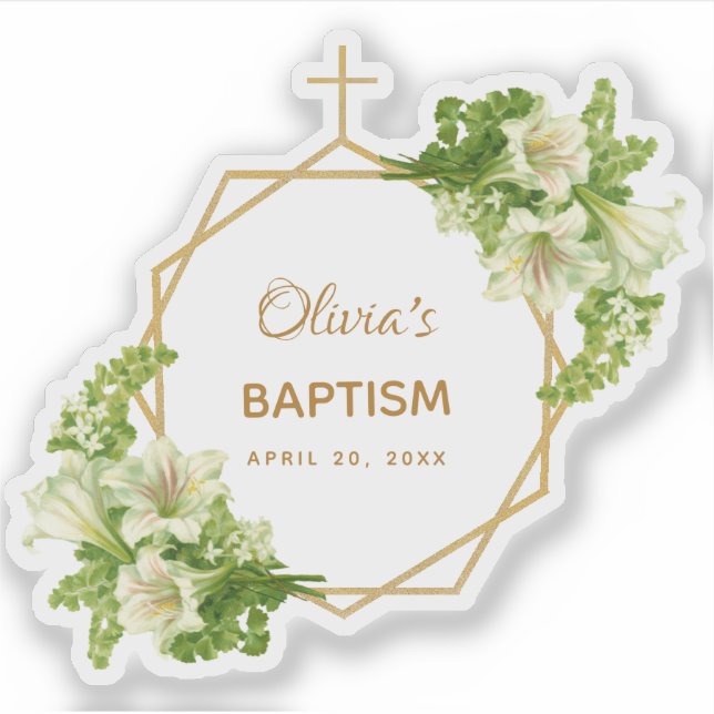 Girl Baptisse Floral Gold White Lilies Geometric Aufkleber (Vorderseite)